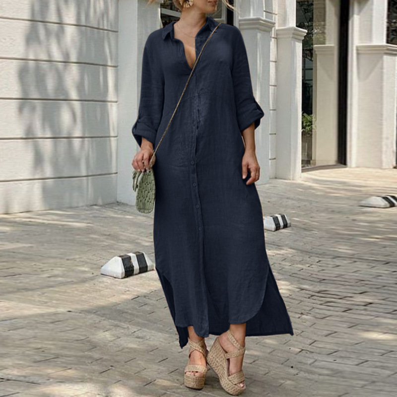 2023 New Cotton Linen Shirt Cotton Linen Button Dress