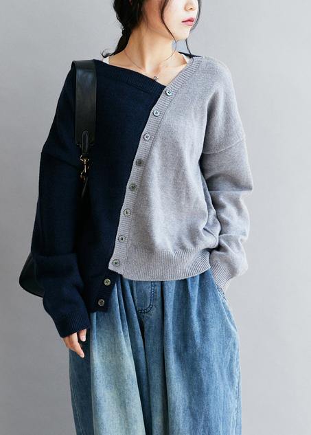 Vintage blue clothes v neck patchwork Loose fitting fall sweaters